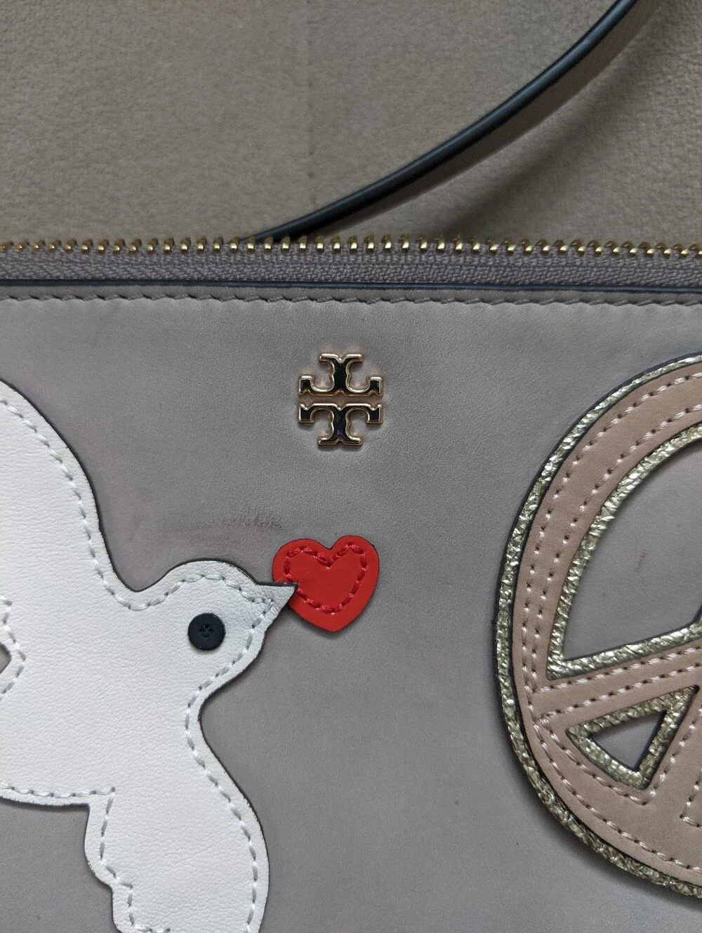 Tory Burch Taupe Crossbody with Dove, Peace & Heart Patches